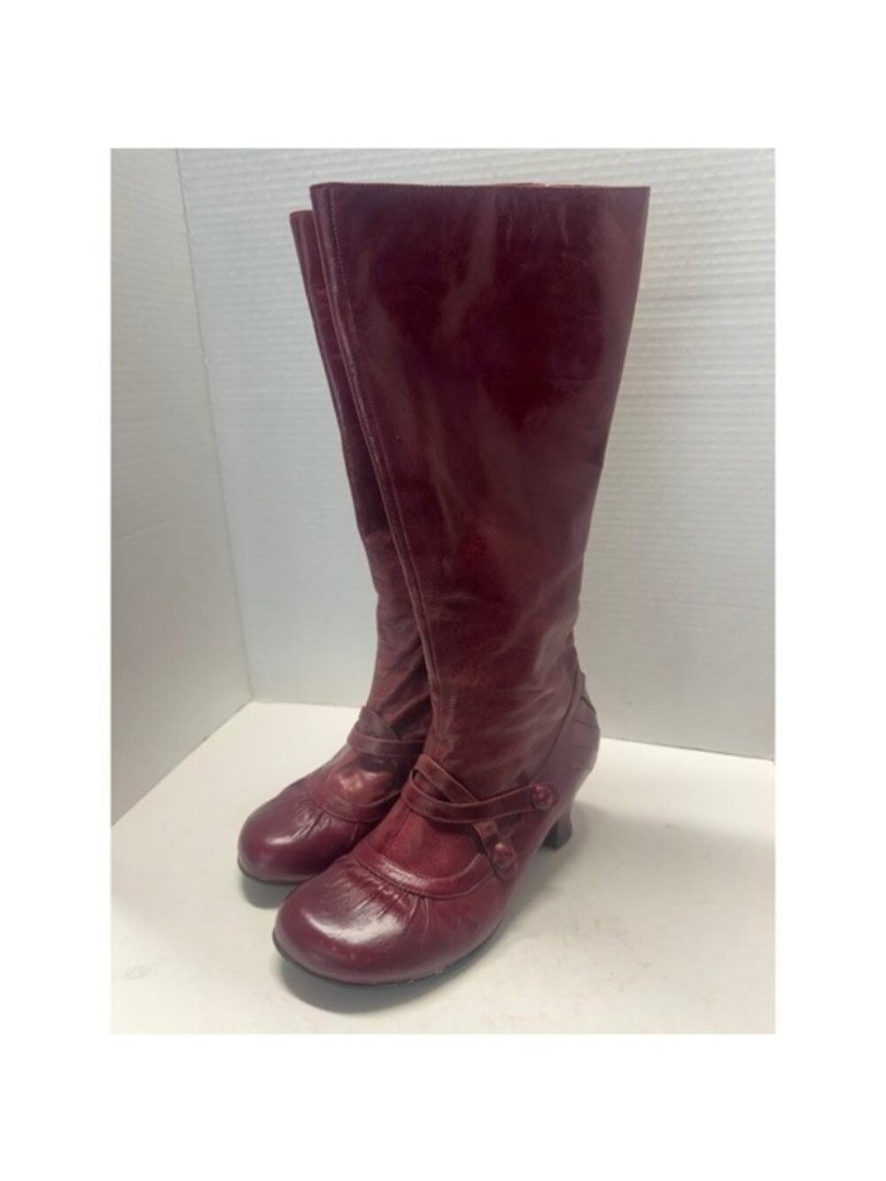 Miz Mooz Burgundy Leather Knee High Boots Button Detail Flared Heel Red 6.5